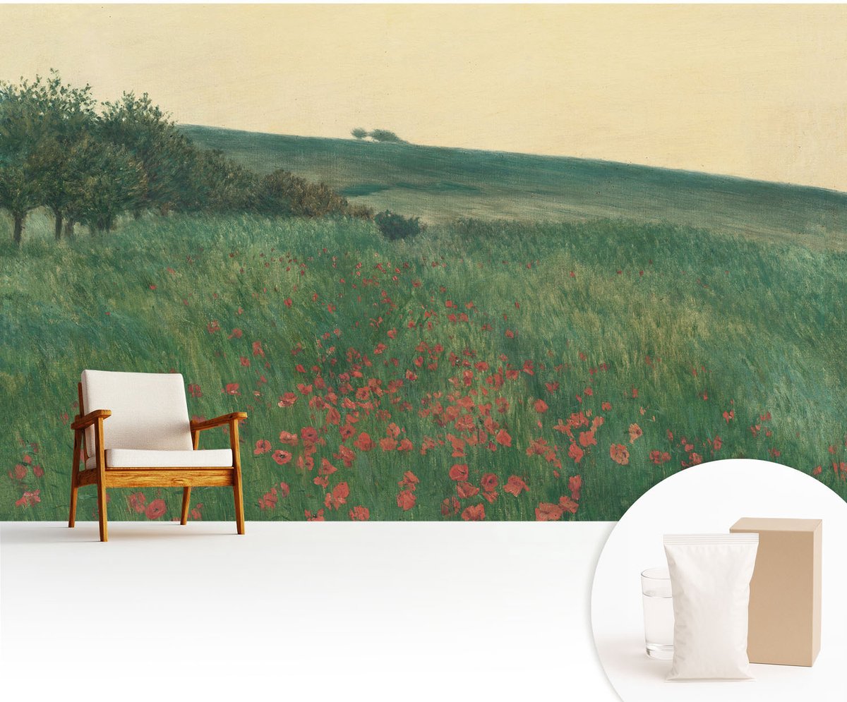 Wallfluent Fotobehang - Groente Vliesbehang - 416x254 cm - Papavervelden Muurschildering - Gang behang Landschappen - Fotobehang Vlies - Slaapkamer behang