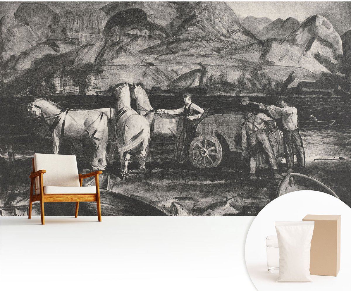 Wallfluent Fotobehang - Zwart-Wit Vliesbehang - 416x254 cm - Dorpsscène Muurschildering - Gang behang Mensen - Fotobehang Vlies - Slaapkamer behang
