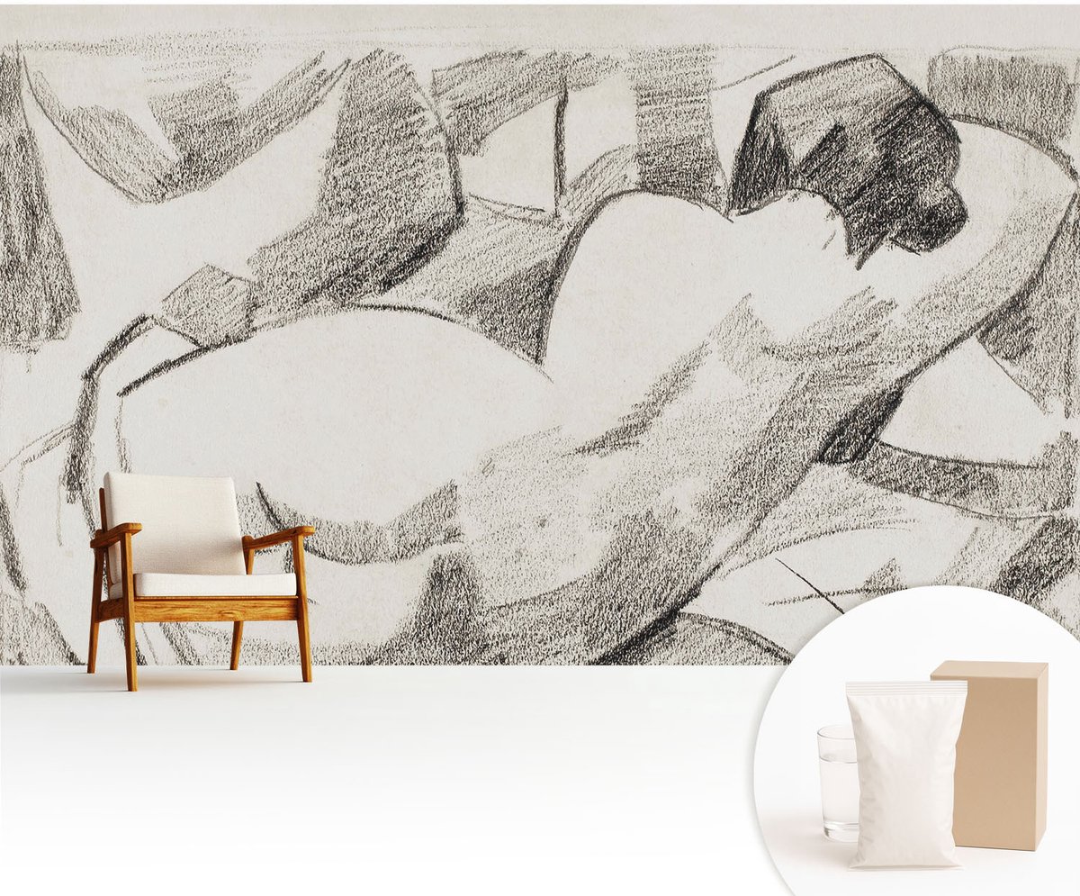 Wallfluent Fotobehang - Zwart-Wit Vliesbehang - 416x254 cm - Een Liggende Figuur Fotobehang Vlies - Hal behang Deel - Muurschildering - Hal behang