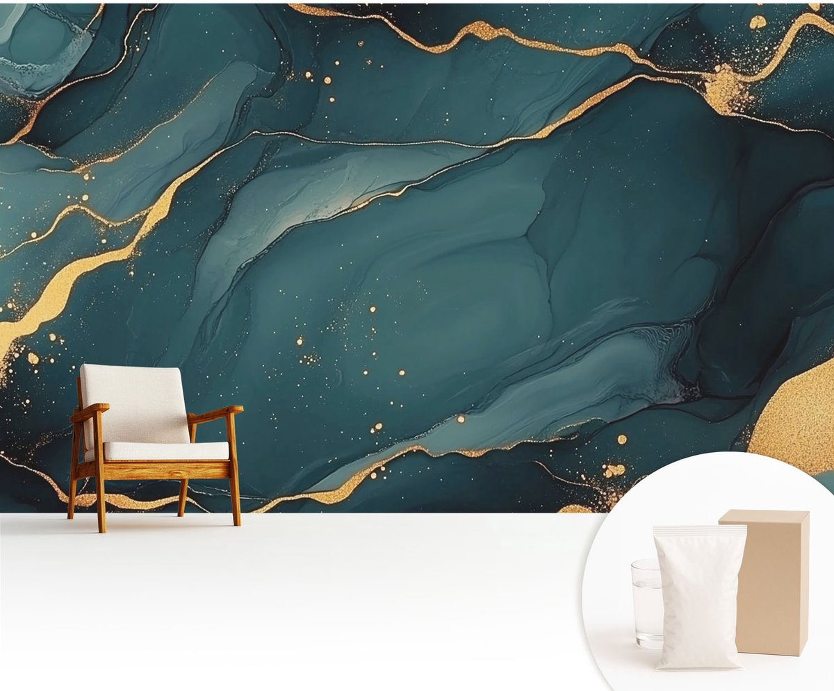 Wallfluent Fotobehang - Turkoois Vliesbehang - 416x254 cm - Donkerblauwe Abstractie Muurschildering - Slaapkamer behang Abstractie - Fotobehang Vlies - Slaapkamer behang