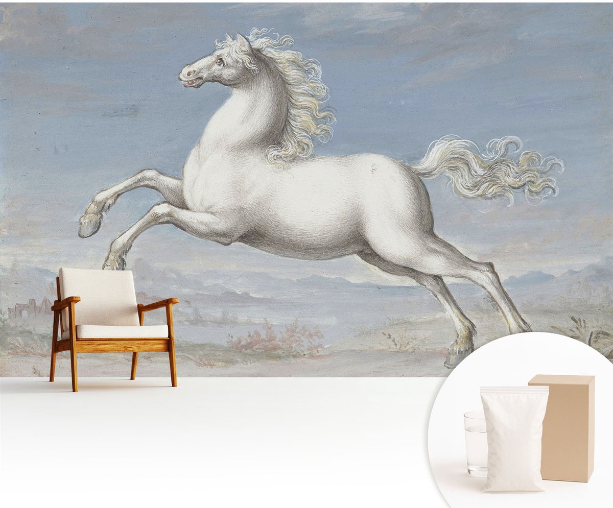 Wallfluent Fotobehang - Wit Vliesbehang - 416x254 cm - Paarden In De Hindernis Fotobehang Vlies - Woonkamer behang Dieren - Muurschildering - Hal behang
