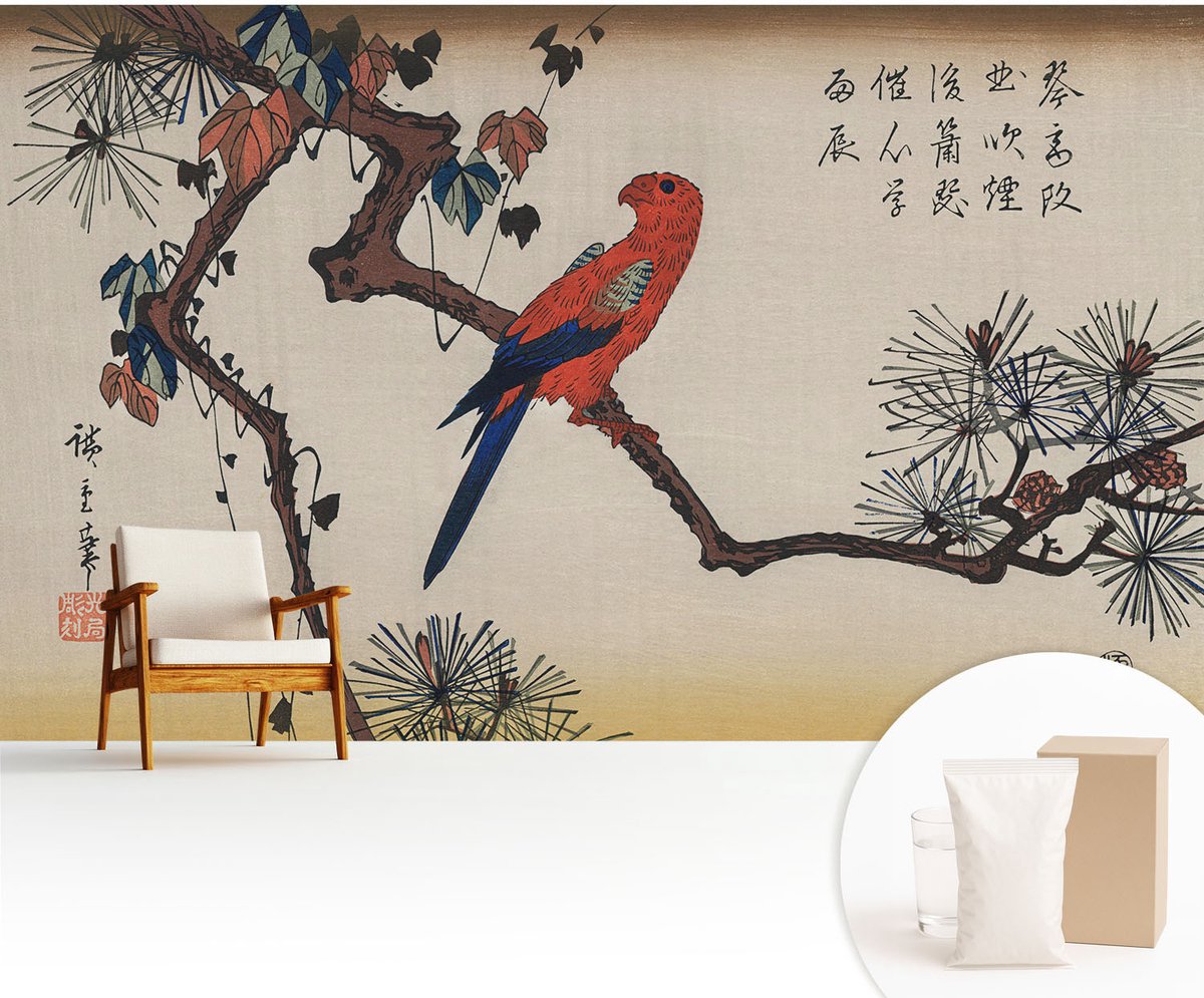 Wallfluent Fotobehang - Beige Vliesbehang - 416x254 cm - Een Vogel Op Een Tak Muurschildering - Gang behang Dieren - Fotobehang Vlies - Slaapkamer behang