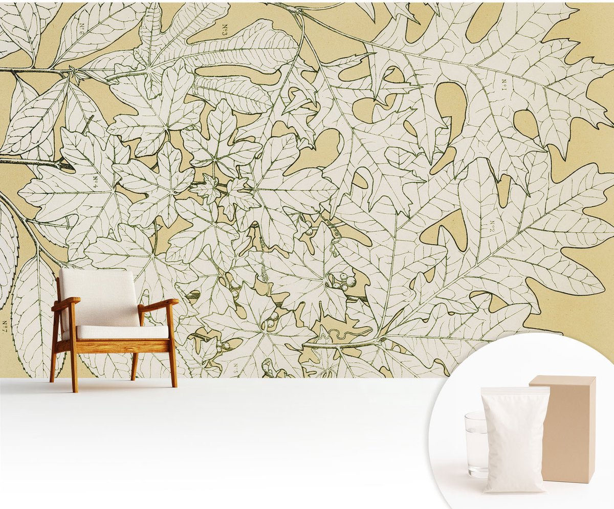 Wallfluent Fotobehang - Geel Vliesbehang - 416x254 cm - Boombladeren Fotobehang Vlies - Hal behang Bloemen En Planten - Muurschildering - Woonkamer behang