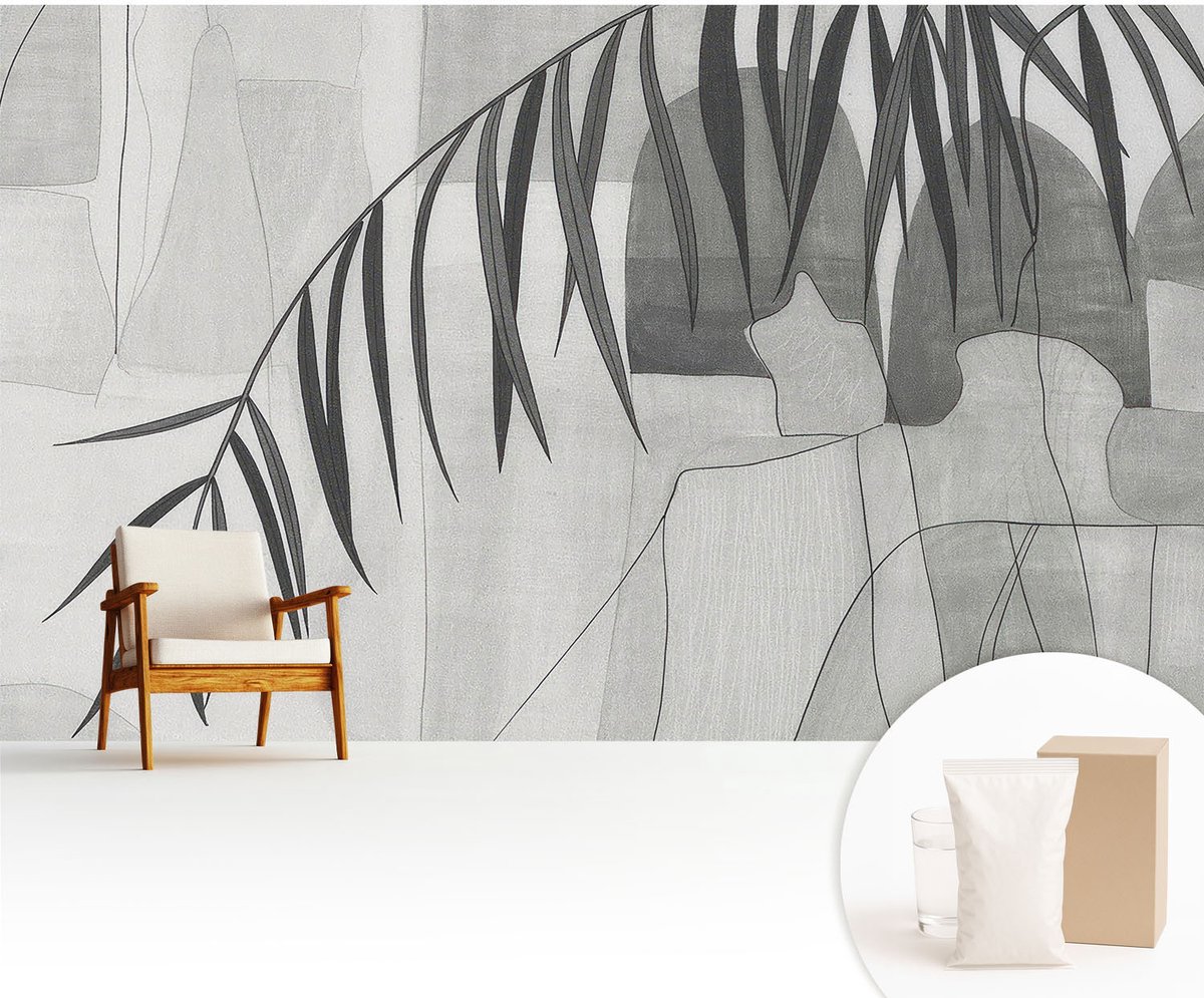 Wallfluent Fotobehang - Wit Vliesbehang - 416x254 cm - Abstracte Palmboom Fotobehang Vlies - Hal behang Abstractie - Muurschildering - Hal behang