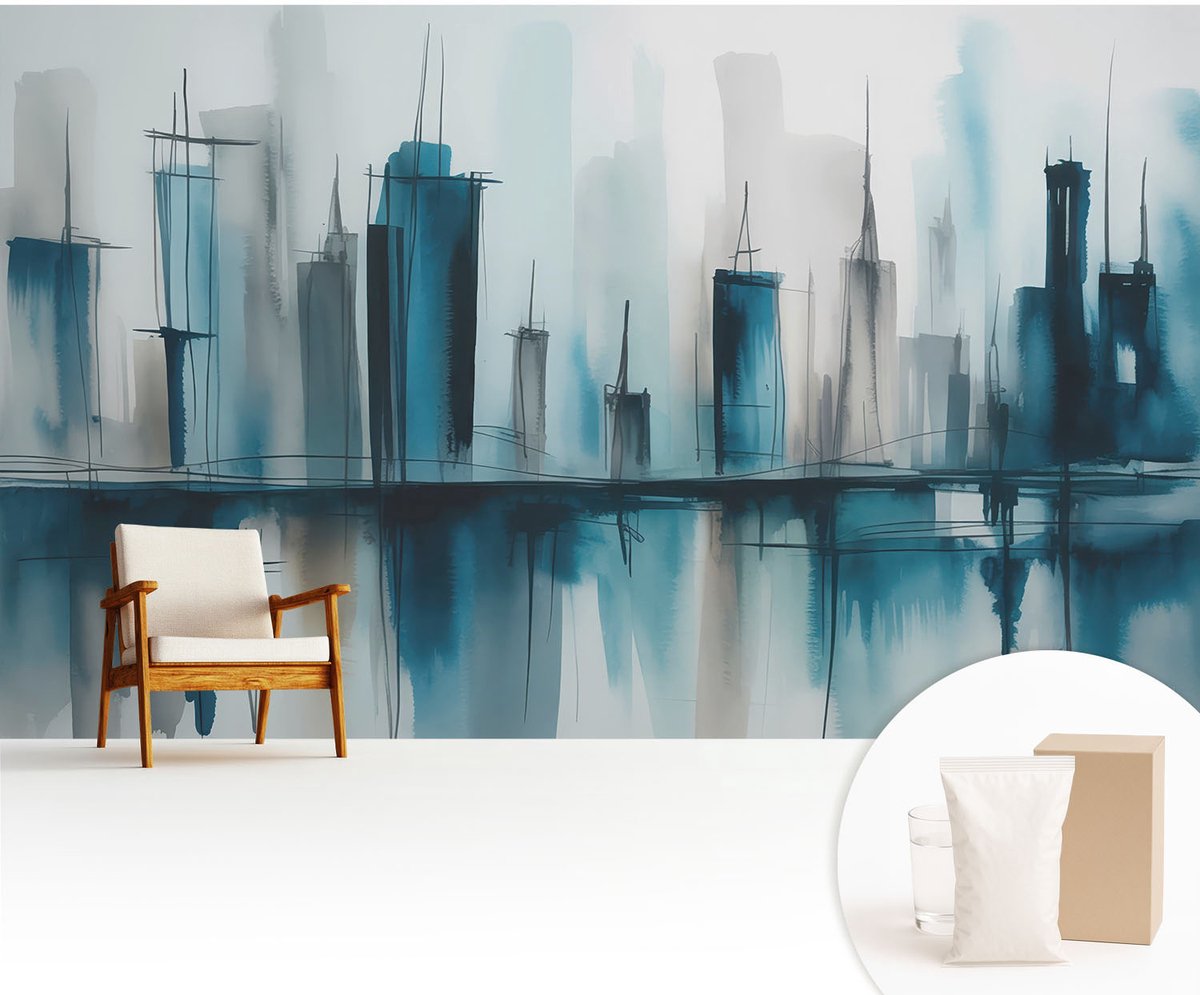 Wallfluent Fotobehang - Blauw Vliesbehang - 416x254 cm - Stadslandschappen Fotobehang Vlies - Hal behang Steden - Muurschildering - Woonkamer behang