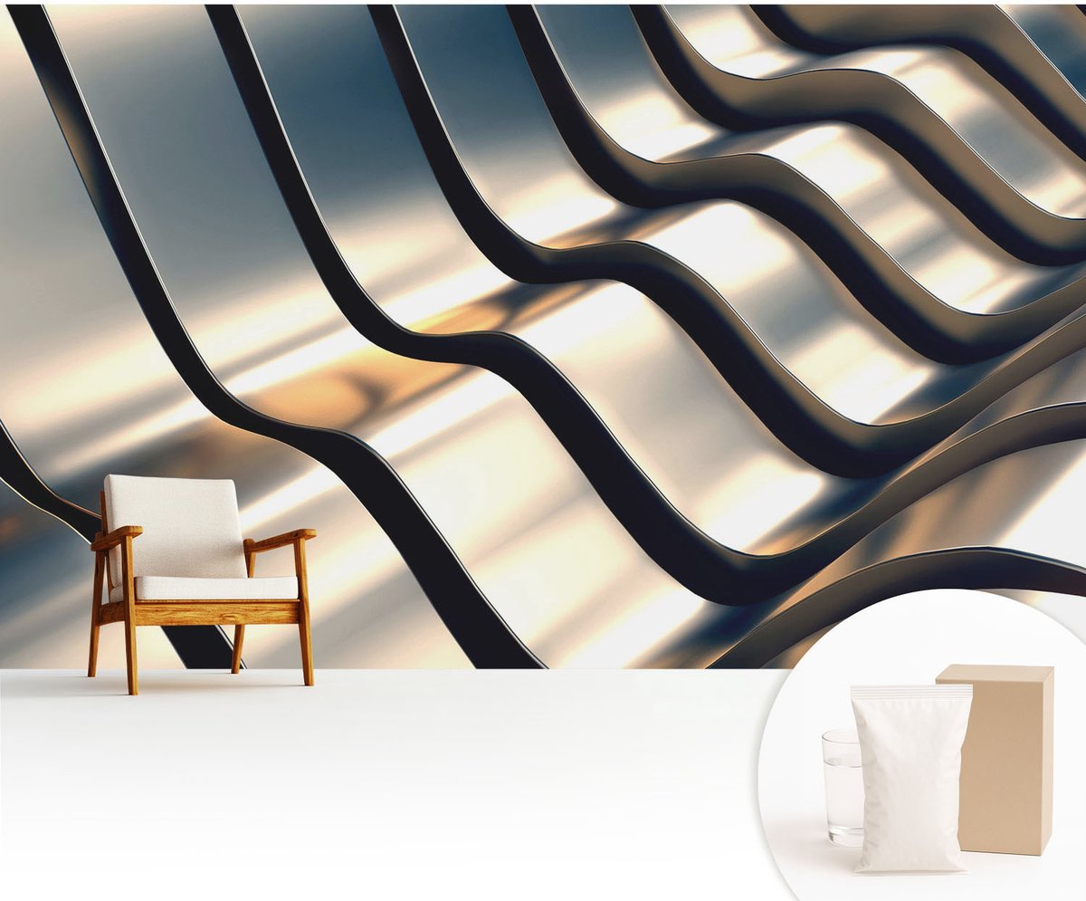 Wallfluent Fotobehang - Grijs Vliesbehang - 416x254 cm - Metalgolven Fotobehang Vlies - Woonkamer behang Geometrie - Muurschildering - Woonkamer behang