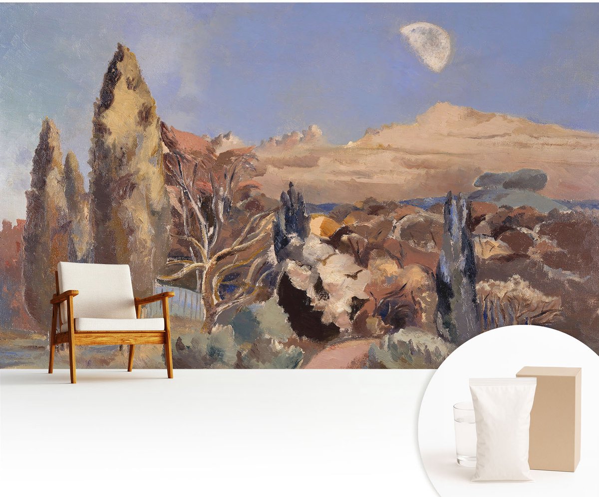 Wallfluent Fotobehang - Blauw Vliesbehang - 416x254 cm - Boslandschap Fotobehang Vlies - Woonkamer behang Landschappen - Muurschildering - Hal behang