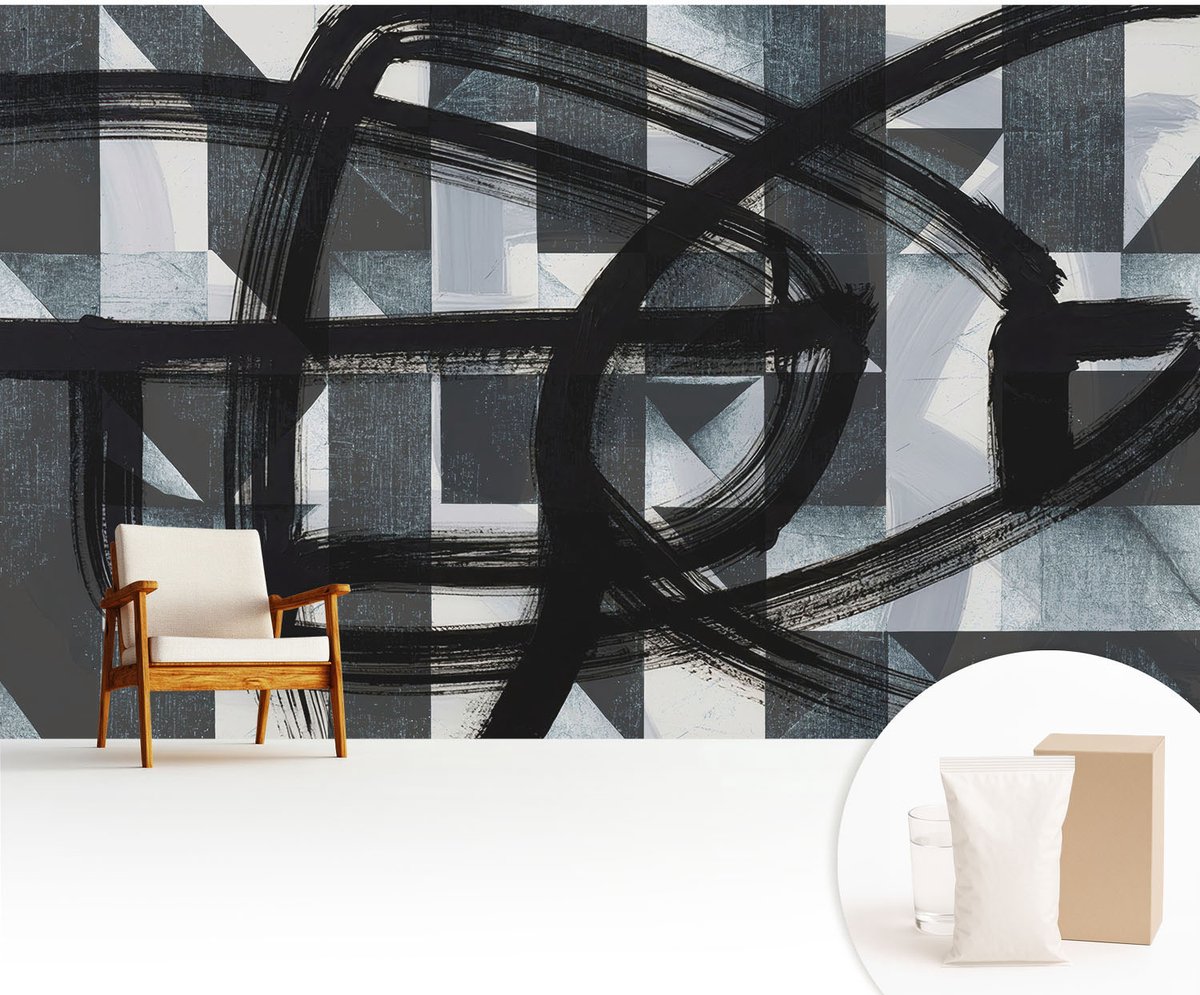 Wallfluent Fotobehang - Zwart Vliesbehang - 416x254 cm - Expressieve Geometrie Muurschildering - Gang behang Abstractie - Fotobehang Vlies - Gang behang