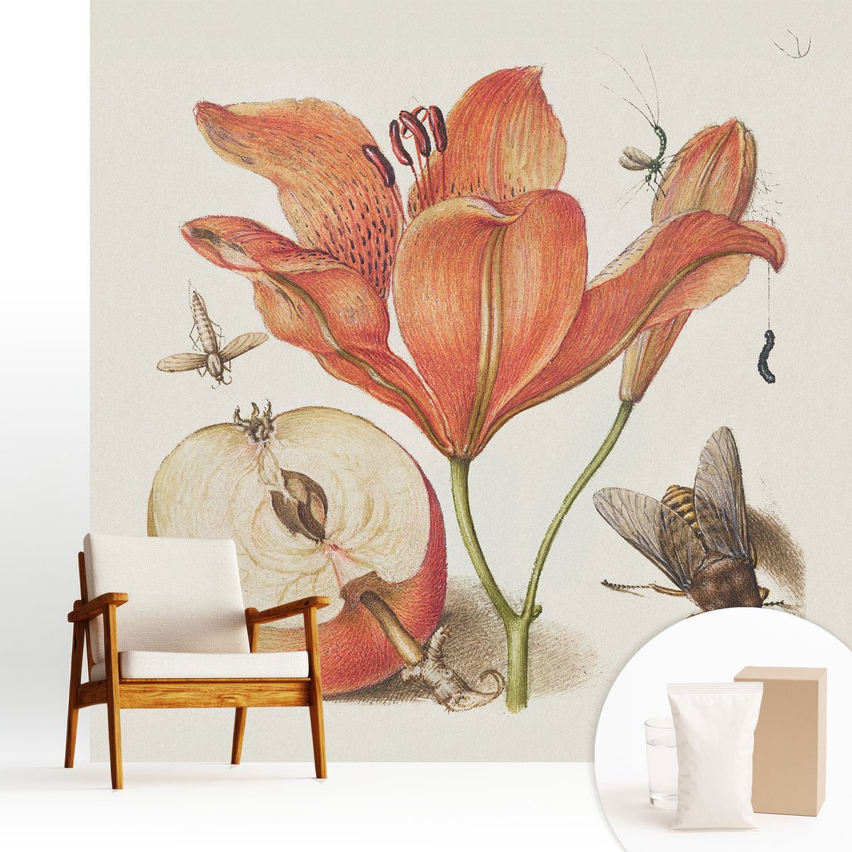 Wallfluent Fotobehang - Romig Vliesbehang - 250x250 cm - Botanische Illustratie Fotobehang Vlies - Hal behang Bloemen En Planten - Muurschildering - Hal behang