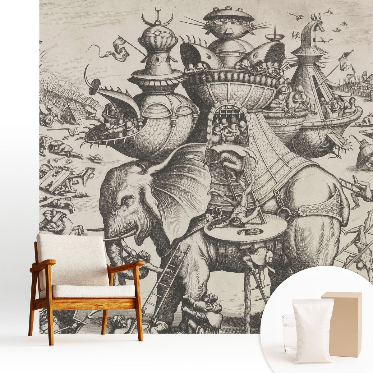 Wallfluent Fotobehang - Zwart-Wit Vliesbehang - 250x250 cm - Een Groteske Strijd Fotobehang Vlies - Hal behang Deel - Muurschildering - Woonkamer behang