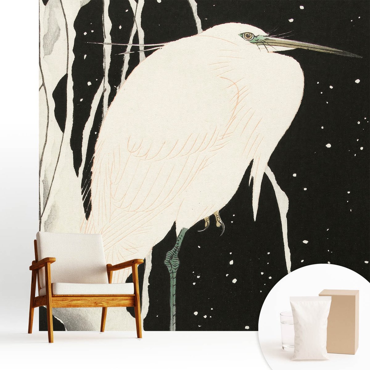 Wallfluent Fotobehang - Wit Vliesbehang - 250x250 cm - Wintervogel Fotobehang Vlies - Woonkamer behang Dieren - Muurschildering - Woonkamer behang