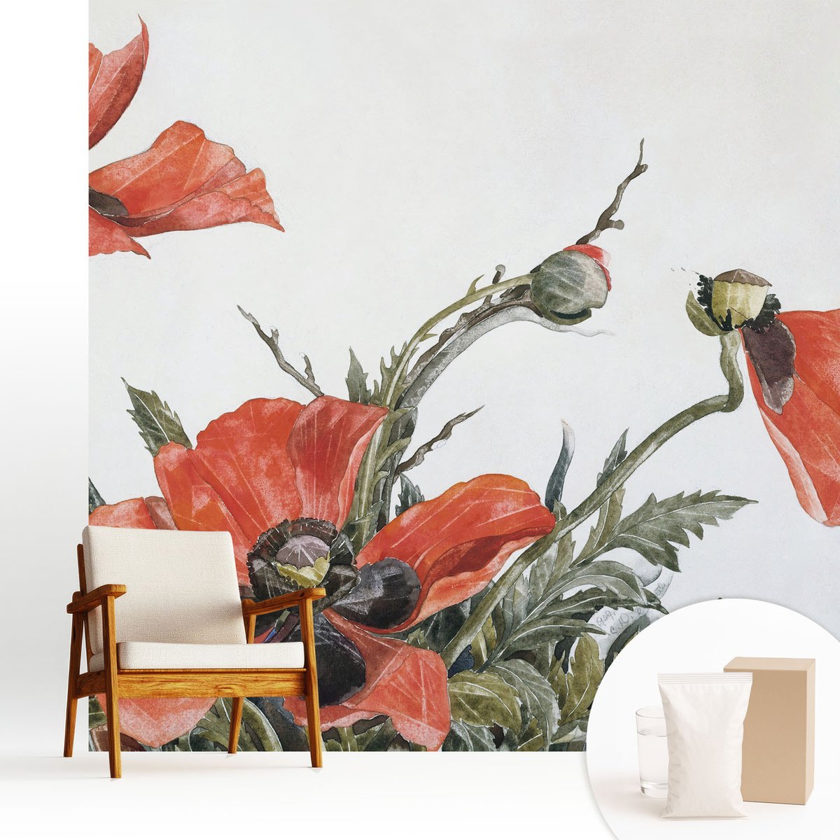 Wallfluent Fotobehang - Rood Vliesbehang - 250x250 cm - Rode Klaprozen Muurschildering - Slaapkamer behang Bloemen En Planten - Fotobehang Vlies - Gang behang