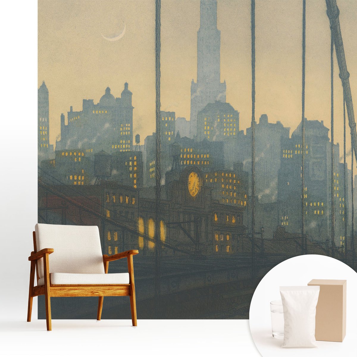 Wallfluent Fotobehang - Grijs Vliesbehang - 250x250 cm - Avondpanorama Muurschildering - Slaapkamer behang Steden - Fotobehang Vlies - Gang behang