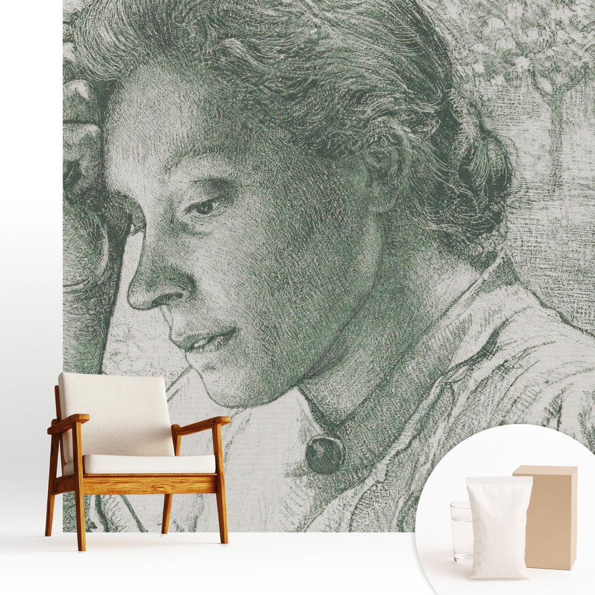 Wallfluent Fotobehang - Grijs Vliesbehang - 250x250 cm - Reflecterende Vrouw Fotobehang Vlies - Hal behang Mensen - Muurschildering - Woonkamer behang