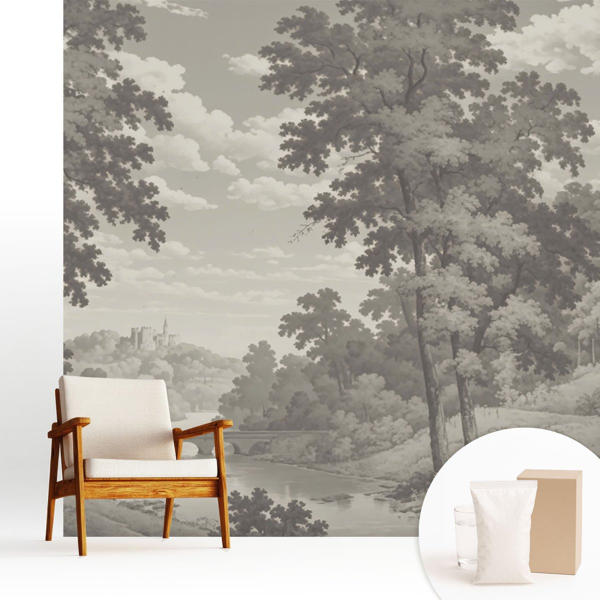 Wallfluent Fotobehang - Grijs Vliesbehang - 250x250 cm - Kasteel En Brug Fotobehang Vlies - Hal behang Landschappen - Muurschildering - Woonkamer behang