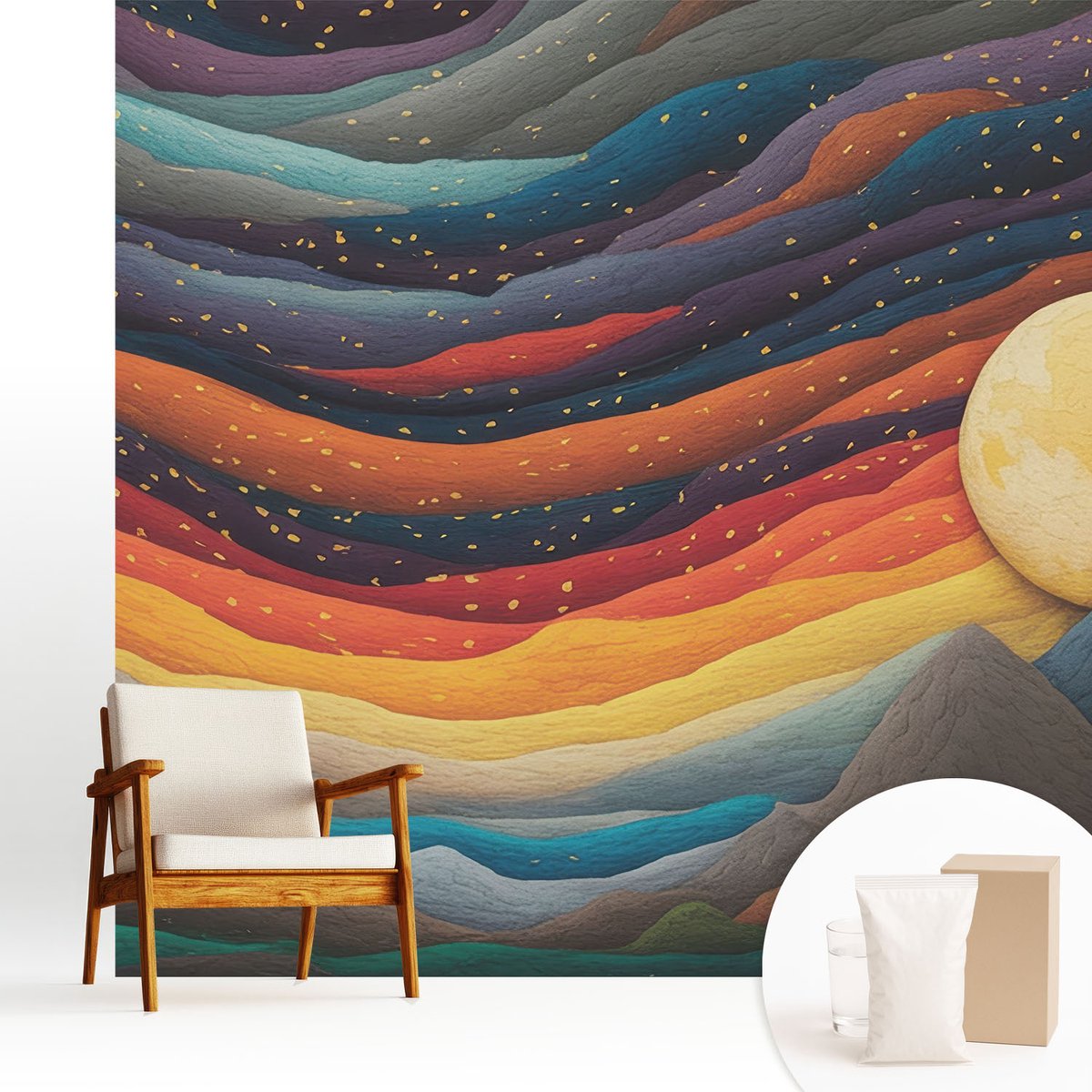 Wallfluent Fotobehang - Oranje Vliesbehang - 250x250 cm - Kleurrijke Bergen Fotobehang Vlies - Hal behang Abstractie - Muurschildering - Woonkamer behang