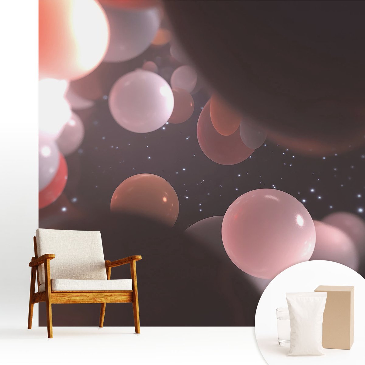Wallfluent Fotobehang - Zwart Vliesbehang - 250x250 cm - Ruimteballen Muurschildering - Gang behang Kosmos - Fotobehang Vlies - Slaapkamer behang