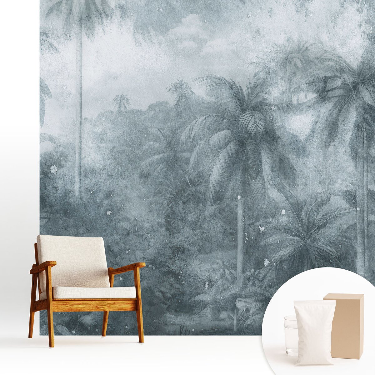 Wallfluent Fotobehang - Grijs Vliesbehang - 250x250 cm - Tropische Vegetatie Muurschildering - Gang behang Bloemen En Planten - Fotobehang Vlies - Slaapkamer behang