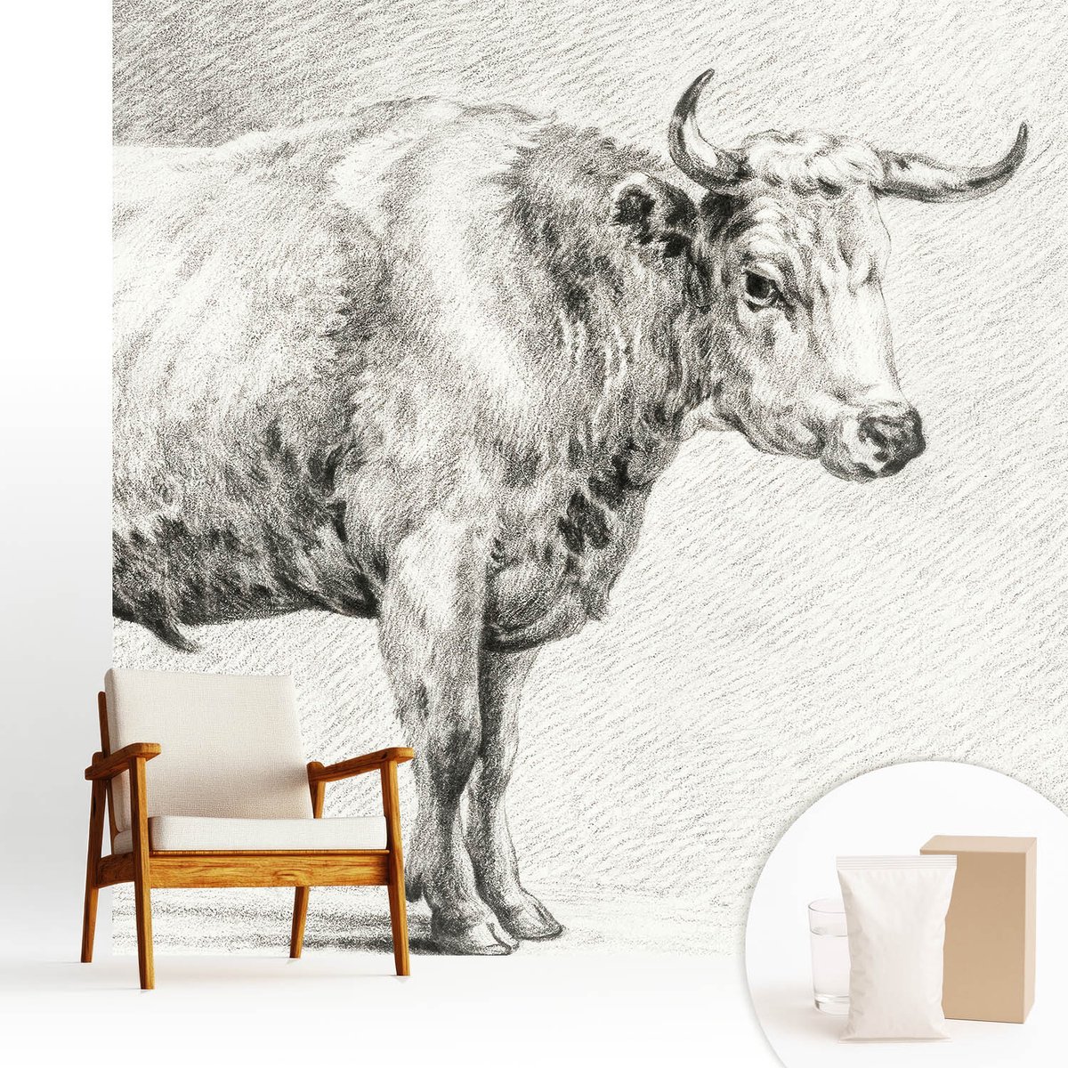 Wallfluent Fotobehang - Grijs Vliesbehang - 250x250 cm - Stierpotlood Fotobehang Vlies - Hal behang Dieren - Muurschildering - Hal behang