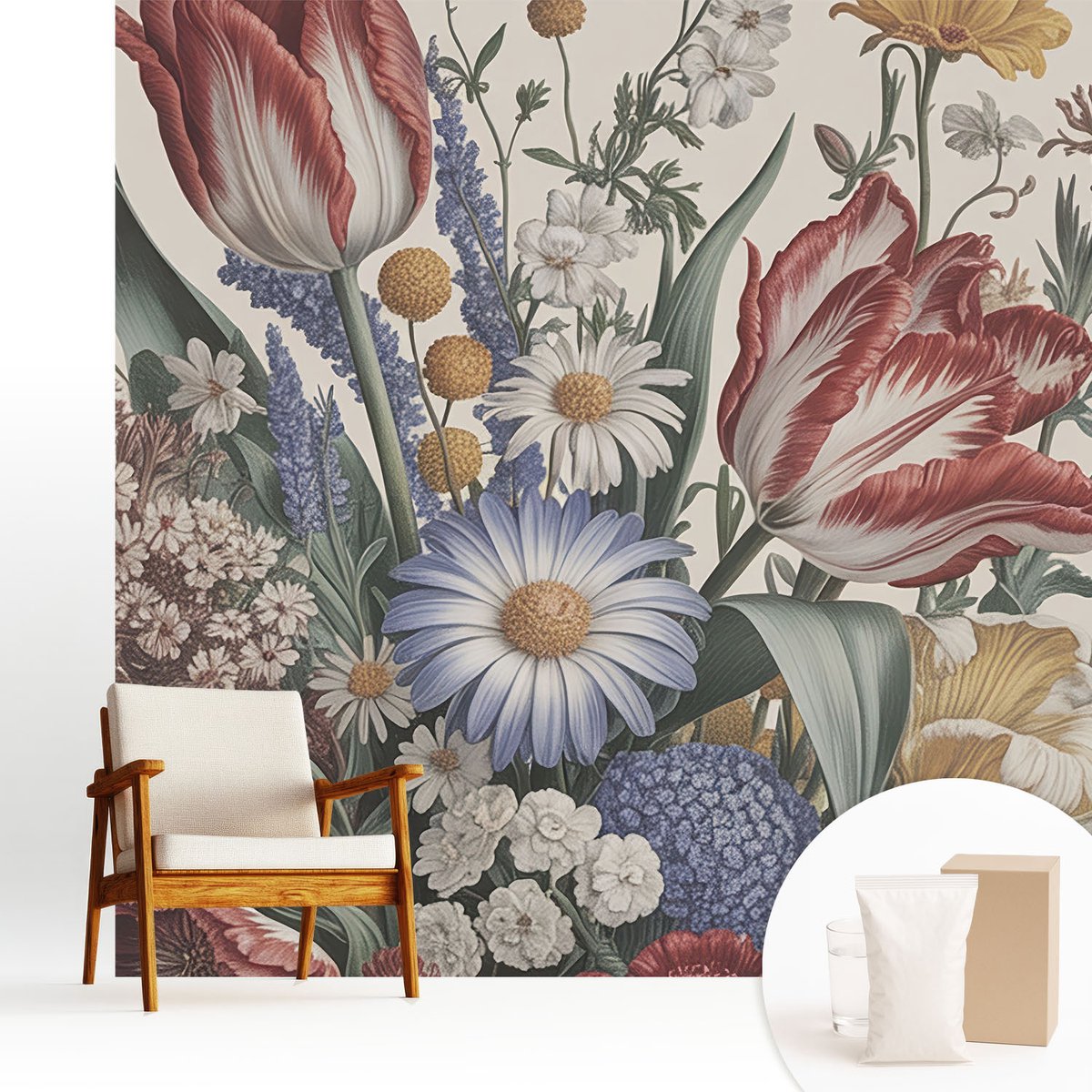 Wallfluent Fotobehang - Beige Vliesbehang - 250x250 cm - Bloemenboeket Muurschildering - Slaapkamer behang Bloemen En Planten - Fotobehang Vlies - Gang behang