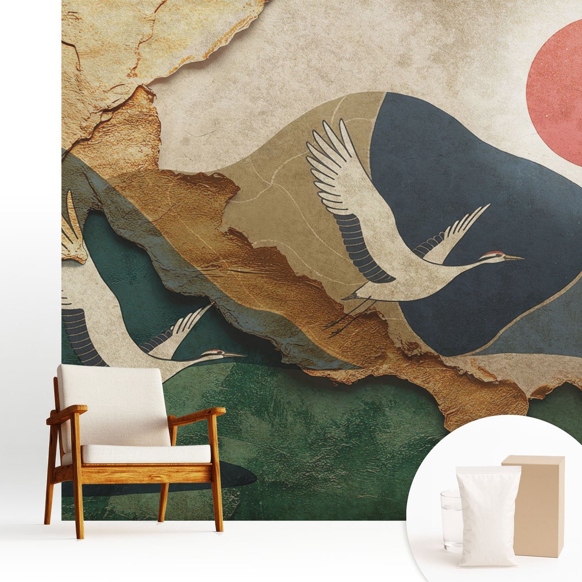 Wallfluent Fotobehang - Groente Vliesbehang - 250x250 cm - Kraanvogels Van Het Oosten Fotobehang Vlies - Hal behang Landschappen - Muurschildering - Hal behang