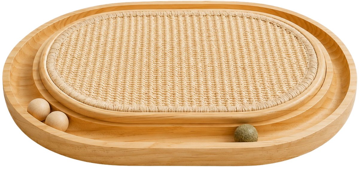 Boris & Lotje Krabplank voor Katten met Speelbaan - Hout & Sisal - Interactief Kattenspeelgoed met Catnipballen - 40,6 cm