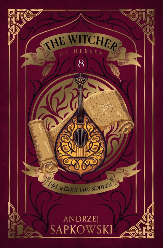 Het Witcher-boek 8, 'Het seizoen van stormen' met een goudkleurige luit en perkamentrollen op een bordeauxrode achtergrond.