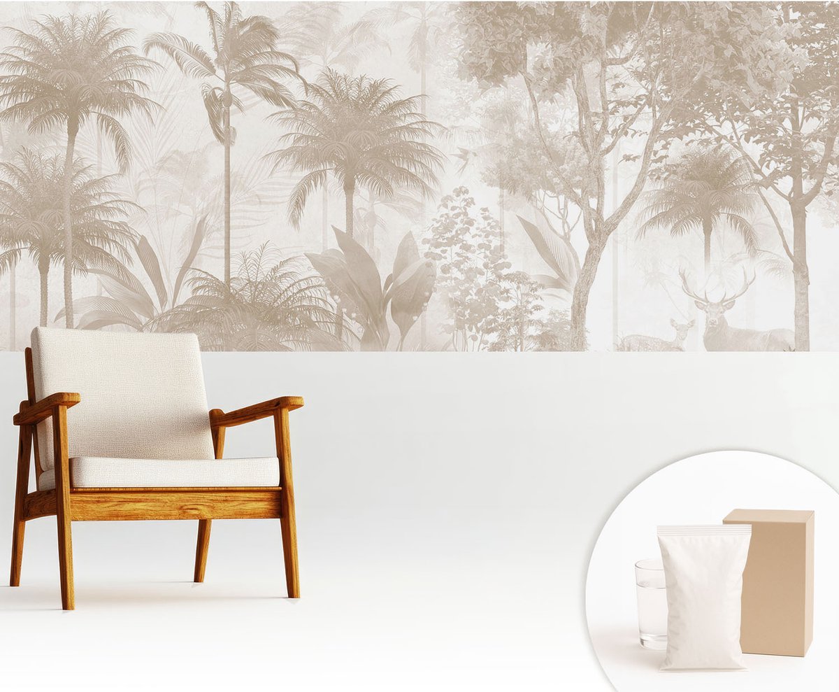 Wallfluent Fotobehang - Beige Vliesbehang - 250x104 cm - Tropisch Landschap Fotobehang Vlies - Woonkamer behang Bloemen En Planten - Muurschildering - Woonkamer behang