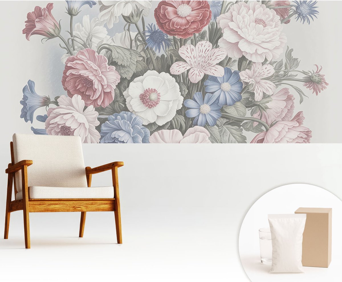 Wallfluent Fotobehang - Wit Vliesbehang - 250x104 cm - Kleurrijk Boeket Muurschildering - Slaapkamer behang Bloemen En Planten - Fotobehang Vlies - Slaapkamer behang