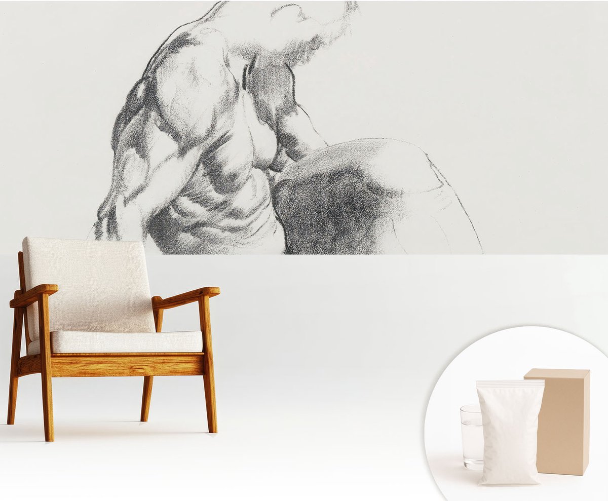 Wallfluent Fotobehang - Wit Vliesbehang - 250x104 cm - Mannelijke Schets Muurschildering - Slaapkamer behang Mensen - Fotobehang Vlies - Gang behang