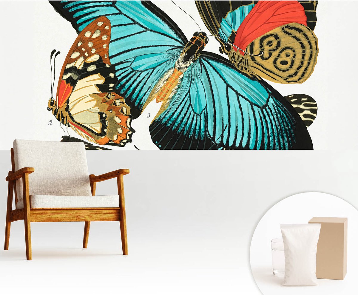 Wallfluent Fotobehang - Turkoois Vliesbehang - 250x104 cm - Kleurrijke Vlinders Muurschildering - Gang behang Dieren - Fotobehang Vlies - Gang behang