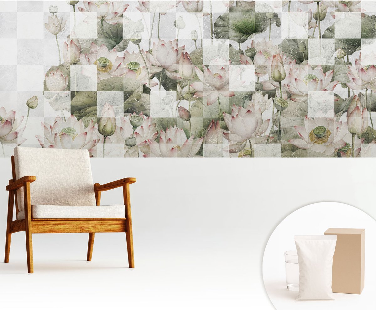 Wallfluent Fotobehang - Wit Vliesbehang - 250x104 cm - Lotuspatronen Fotobehang Vlies - Hal behang Bloemen En Planten - Muurschildering - Woonkamer behang