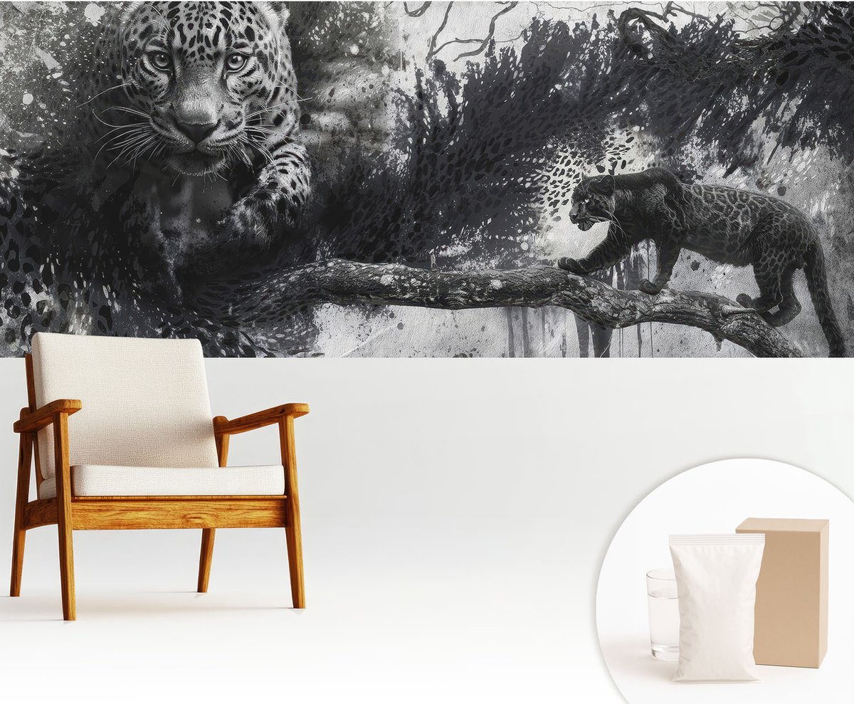 Wallfluent Fotobehang - Zwart-Wit Vliesbehang - 250x104 cm - Abstracte Luipaarden Fotobehang Vlies - Woonkamer behang Dieren - Muurschildering - Hal behang