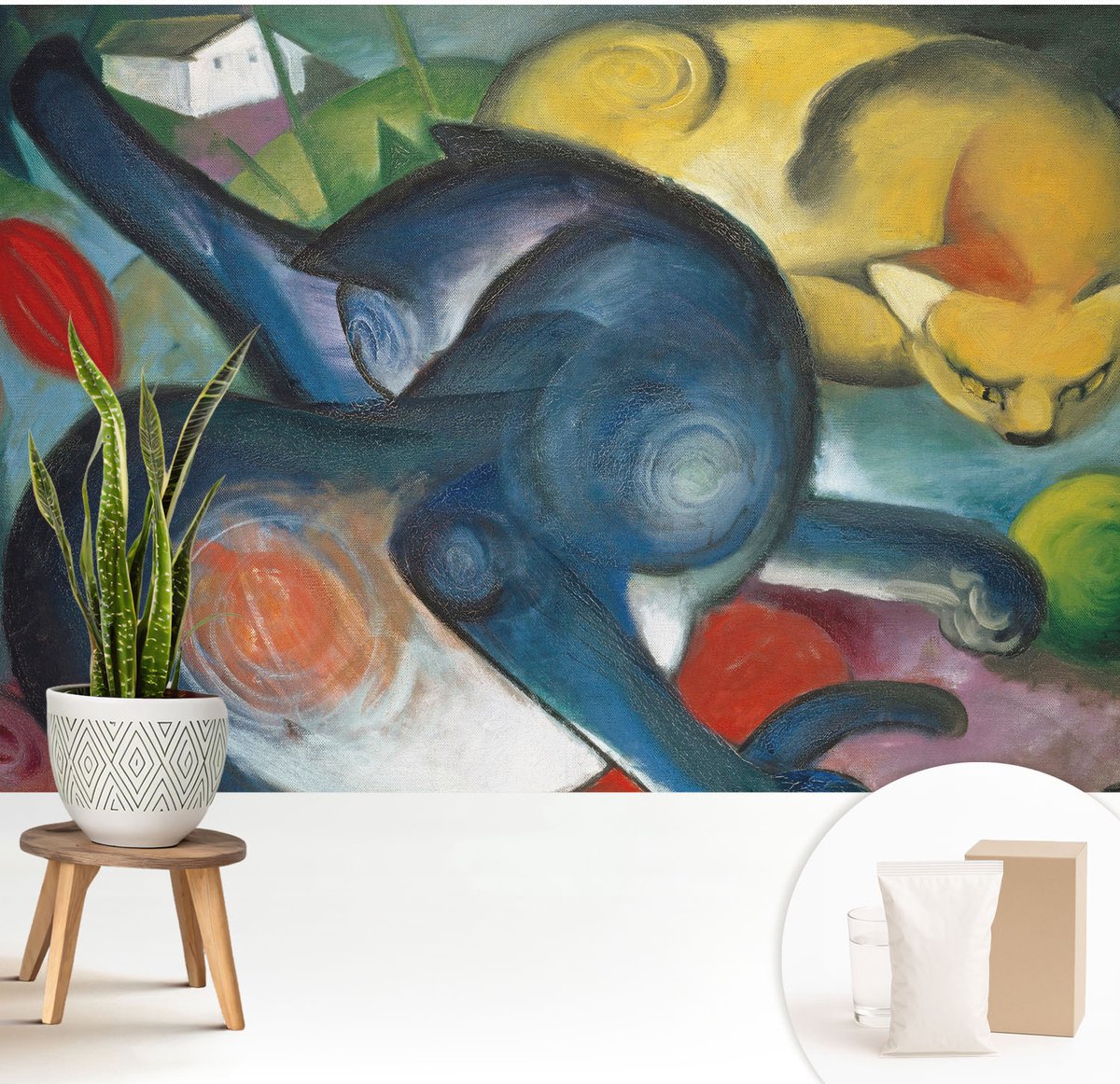 Wallfluent Fotobehang - Blauw Vliesbehang - 208x146 cm - Kattenmotief Muurschildering - Slaapkamer behang Deel - Fotobehang Vlies - Slaapkamer behang