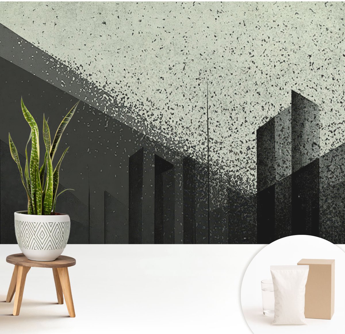 Wallfluent Fotobehang - Zwart Vliesbehang - 208x146 cm - Stadsgeometrie Fotobehang Vlies - Woonkamer behang Abstractie - Muurschildering - Woonkamer behang