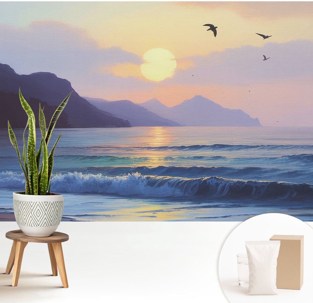 Wallfluent Fotobehang - Blauw Vliesbehang - 208x146 cm - Zee West Muurschildering - Slaapkamer behang Landschappen - Fotobehang Vlies - Gang behang