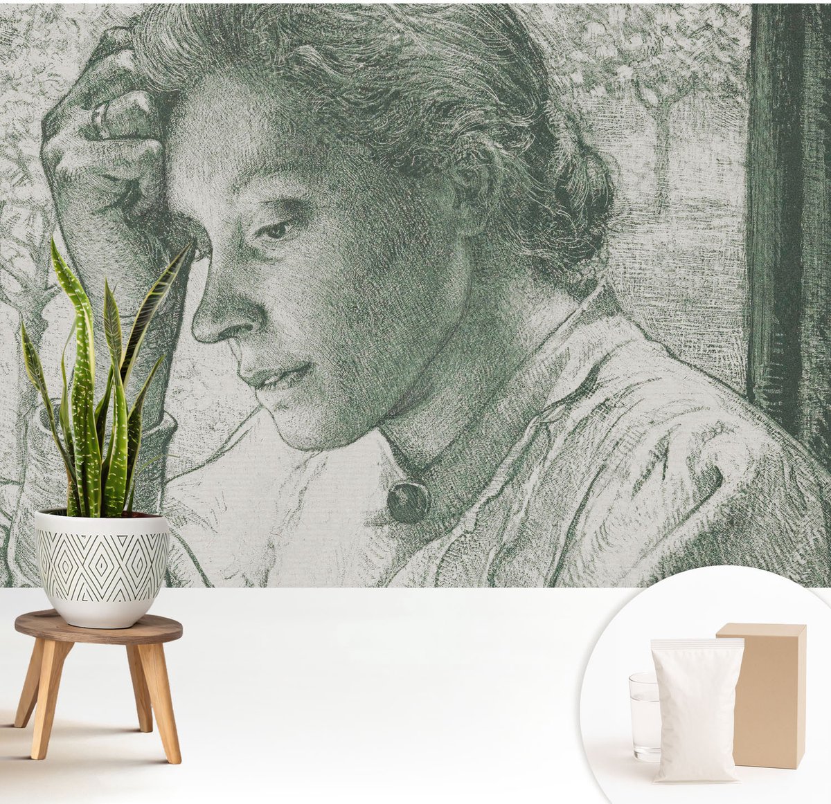 Wallfluent Fotobehang - Grijs Vliesbehang - 208x146 cm - Reflecterende Vrouw Fotobehang Vlies - Woonkamer behang Mensen - Muurschildering - Woonkamer behang