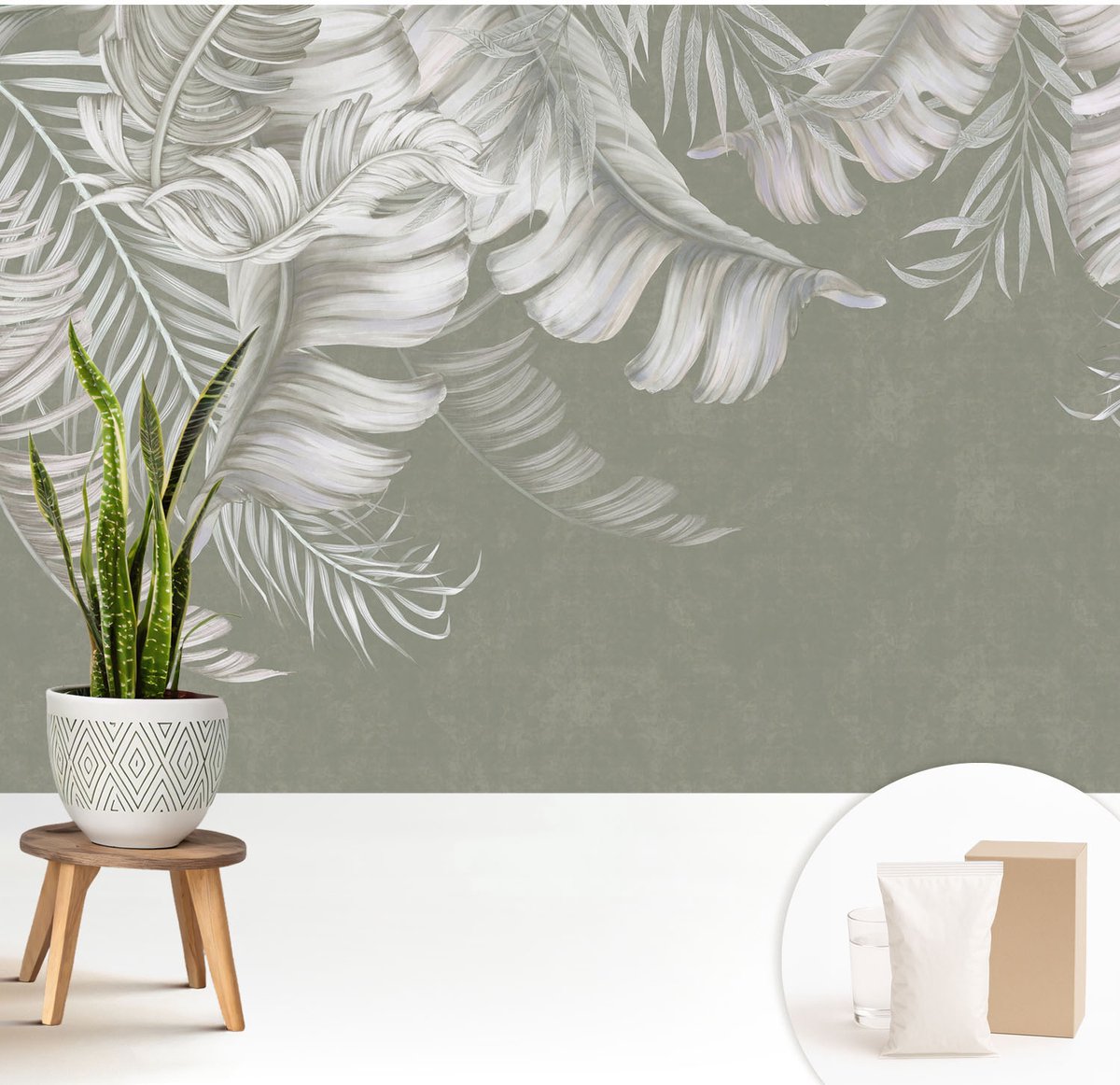 Wallfluent Fotobehang - Grijs Vliesbehang - 208x146 cm - Tere Bladeren Fotobehang Vlies - Woonkamer behang Bloemen En Planten - Muurschildering - Woonkamer behang