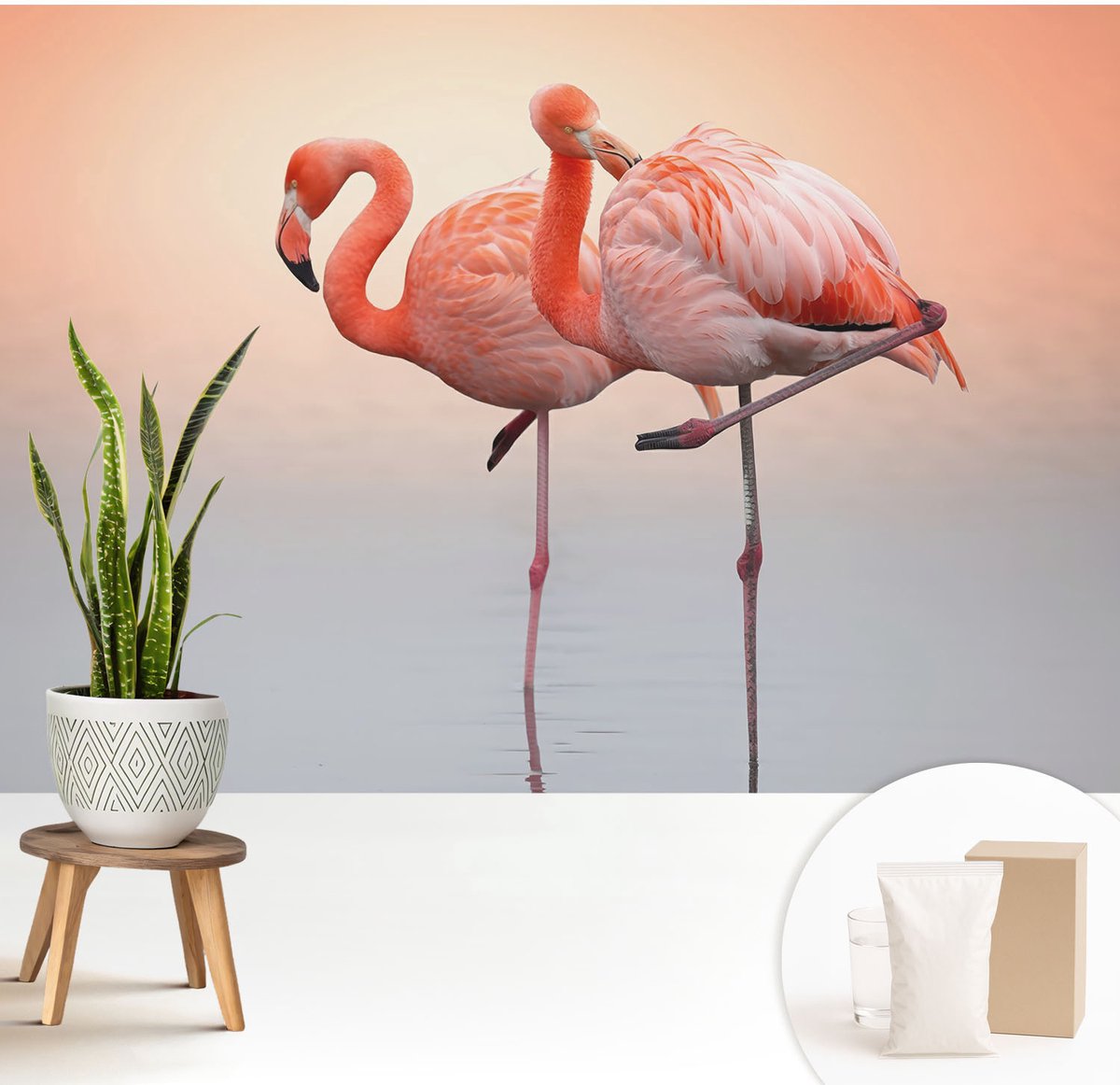 Wallfluent Fotobehang - Oranje Vliesbehang - 208x146 cm - Delicate Flamingo'S Fotobehang Vlies - Hal behang Dieren - Muurschildering - Hal behang