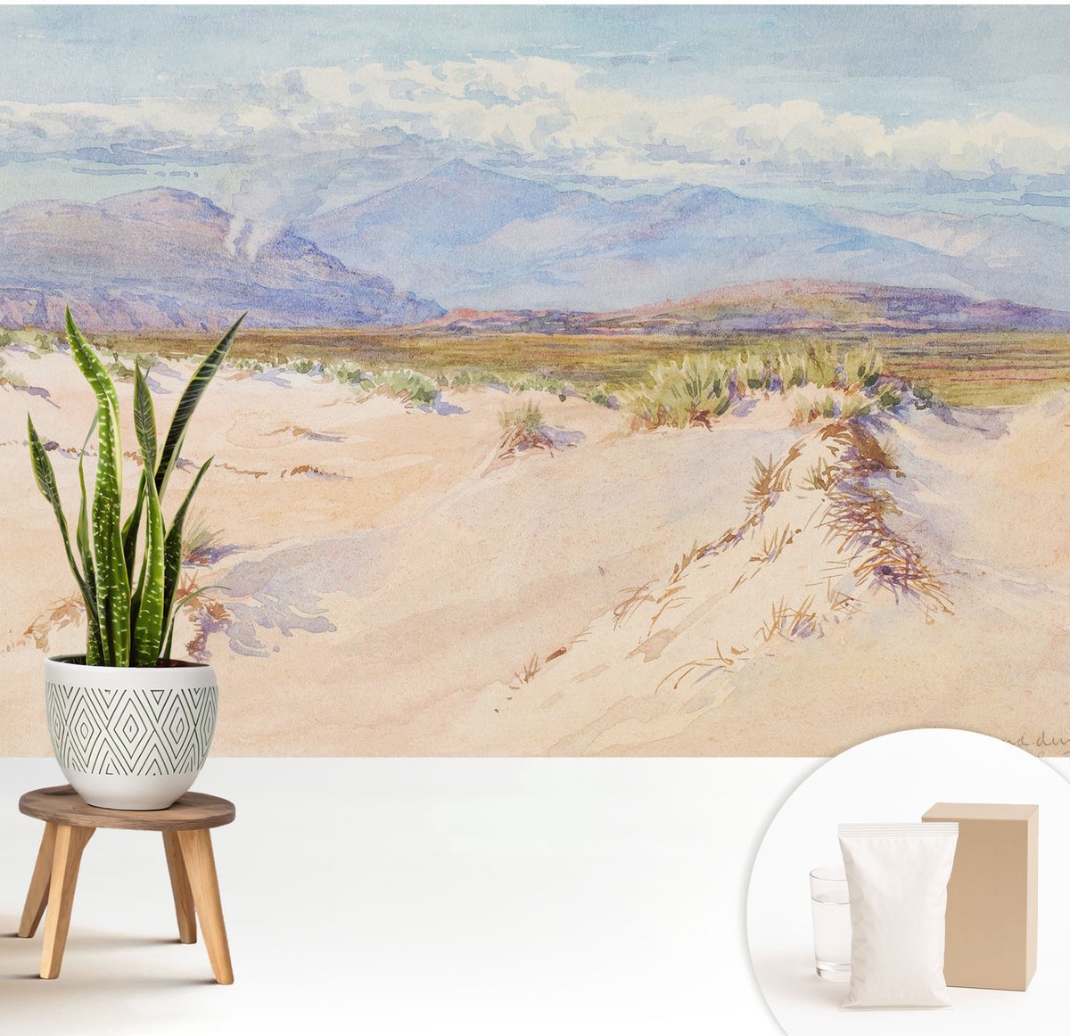 Wallfluent Fotobehang - Wit Vliesbehang - 208x146 cm - Woestijnlandschap Muurschildering - Gang behang Landschappen - Fotobehang Vlies - Slaapkamer behang