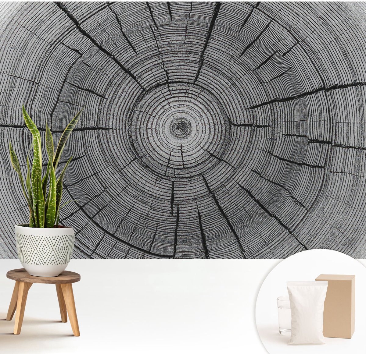 Wallfluent Fotobehang - Zwart-Wit Vliesbehang - 208x146 cm - Bosharmonie Fotobehang Vlies - Woonkamer behang Texturen - Muurschildering - Woonkamer behang