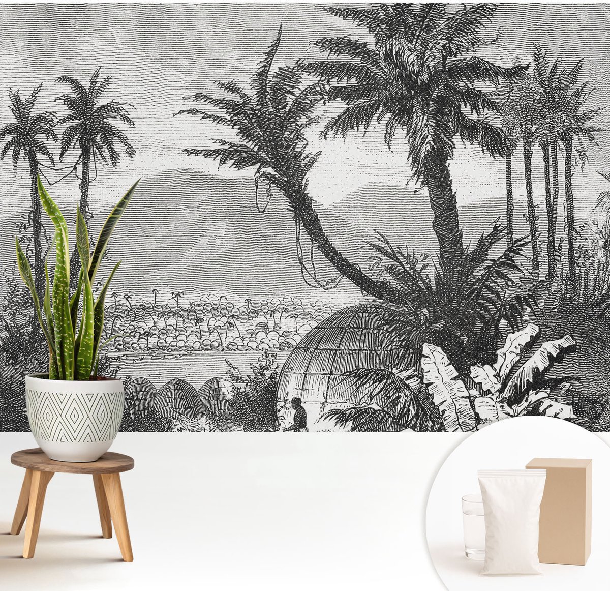 Wallfluent Fotobehang - Zwart-Wit Vliesbehang - 208x146 cm - Tropische Oase Muurschildering - Gang behang Landschappen - Fotobehang Vlies - Gang behang