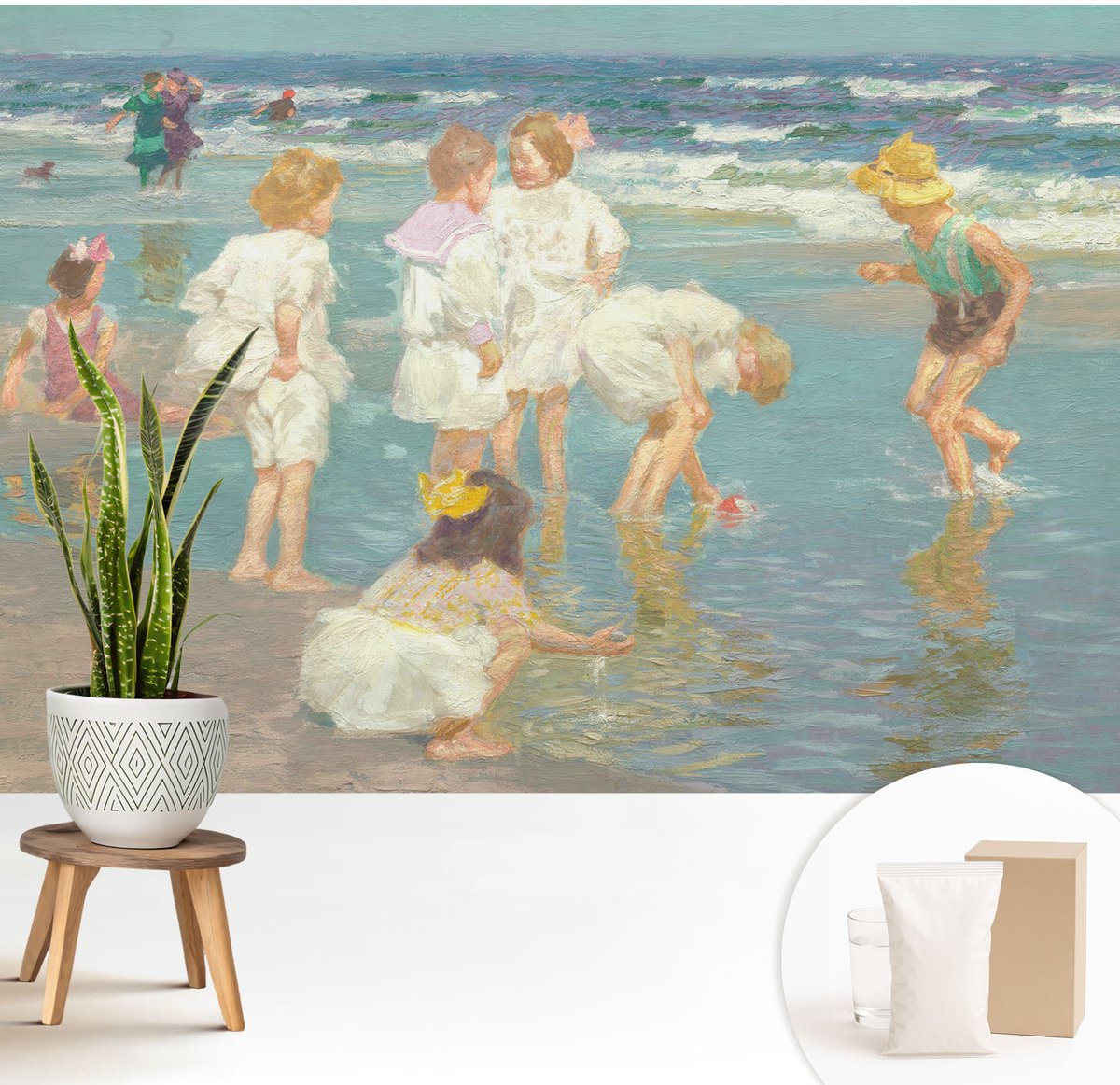 Wallfluent Fotobehang - Wit Vliesbehang - 208x146 cm - Jeugd Aan Het Strand Muurschildering - Gang behang Mensen - Fotobehang Vlies - Gang behang