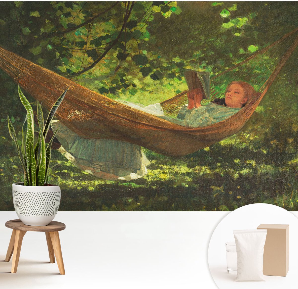 Wallfluent Fotobehang - Groente Vliesbehang - 208x146 cm - Ontspannen In Een Hangmat Muurschildering - Gang behang Bloemen En Planten - Fotobehang Vlies - Slaapkamer behang