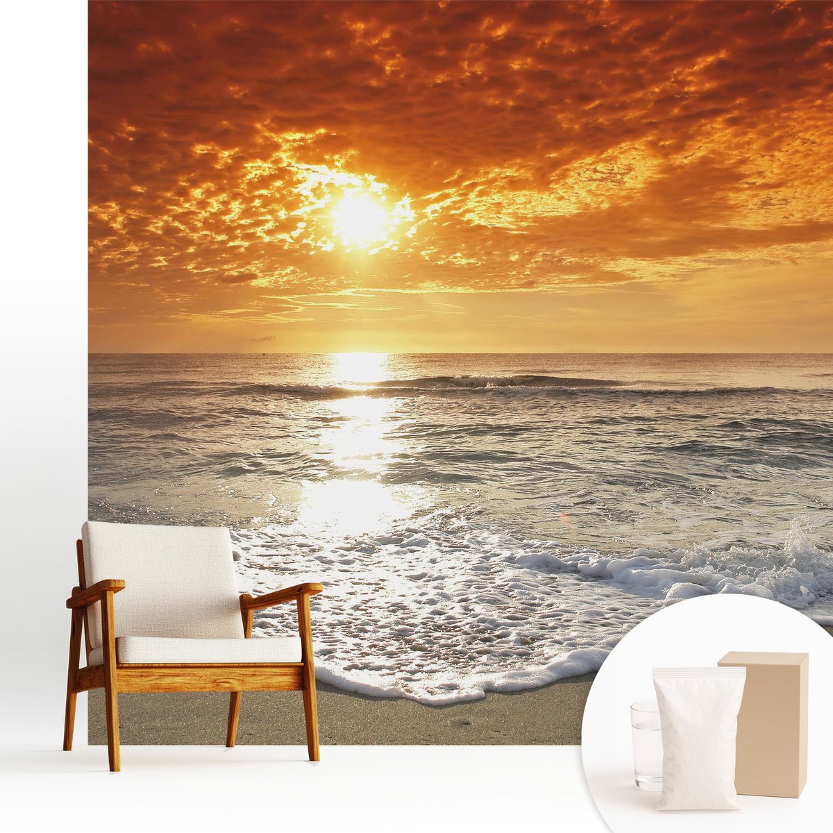 Wallfluent Fotobehang - Geel Vliesbehang - 250x250 cm - Oceaangolven Fotobehang Vlies - Woonkamer behang Landschappen - Muurschildering - Hal behang