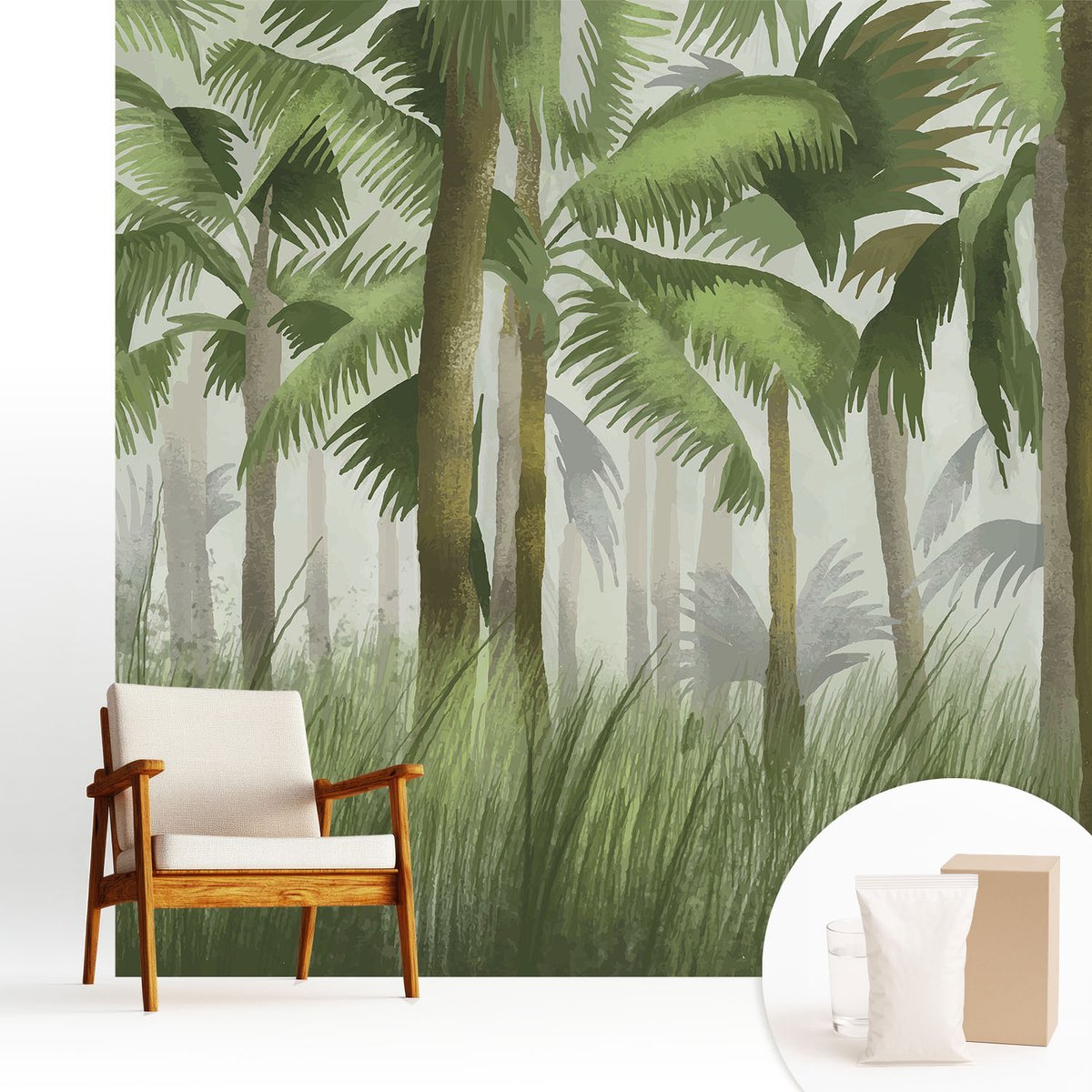 Wallfluent Fotobehang - Groente Vliesbehang - 250x250 cm - Tropisch Bos Fotobehang Vlies - Hal behang Bloemen En Planten - Muurschildering - Woonkamer behang