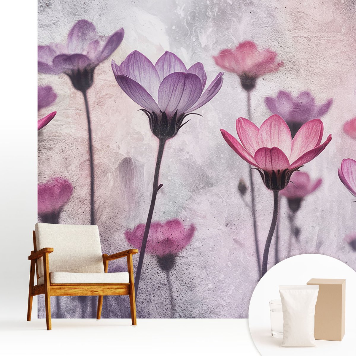 Wallfluent Fotobehang - Roze Vliesbehang - 250x250 cm - Pastelkleurige Bloemen Muurschildering - Slaapkamer behang Bloemen En Planten - Fotobehang Vlies - Slaapkamer behang