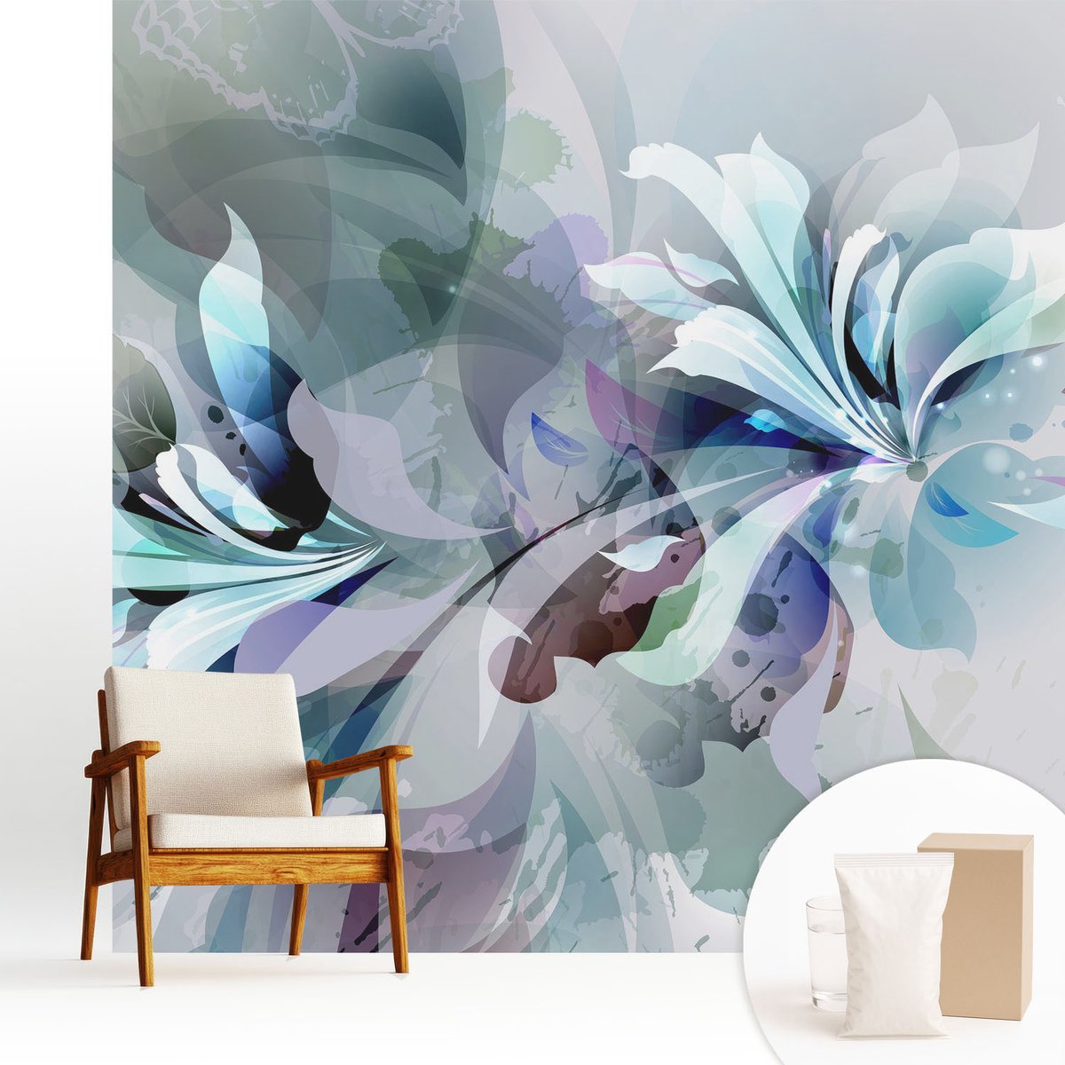 Wallfluent Fotobehang - Wit Vliesbehang - 250x250 cm - Bloemabstractie Fotobehang Vlies - Hal behang Bloemen En Planten - Muurschildering - Woonkamer behang