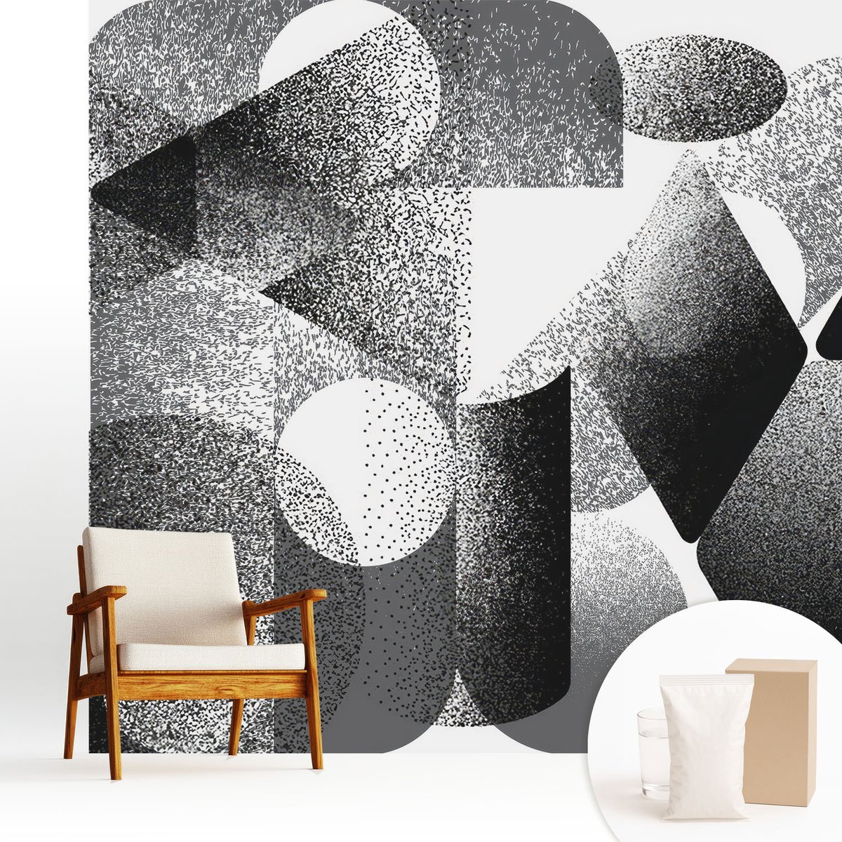 Wallfluent Fotobehang - Zwart-Wit Vliesbehang - 250x250 cm - Geometrische Vormen Fotobehang Vlies - Woonkamer behang Abstractie - Muurschildering - Woonkamer behang