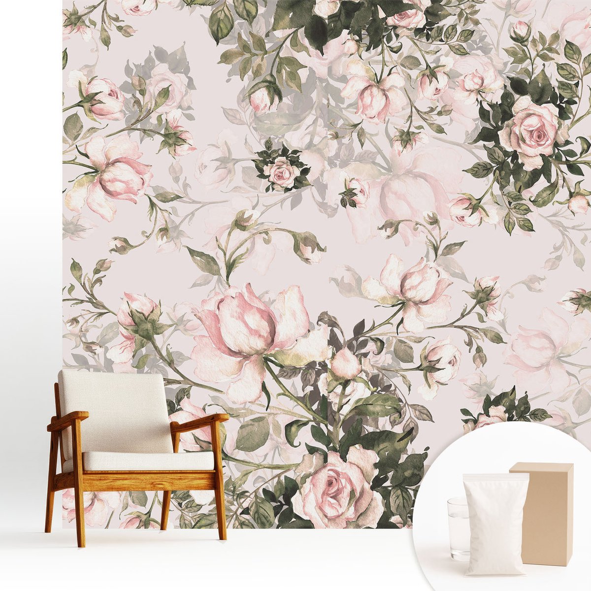 Wallfluent Fotobehang - Roze Vliesbehang - 250x250 cm - Bloemenpatroon Muurschildering - Gang behang Bloemen En Planten - Fotobehang Vlies - Slaapkamer behang